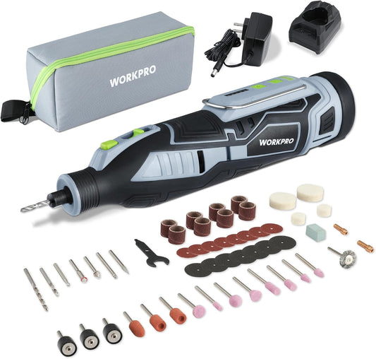 Herramienta Rotativa Inalámbrica 12V WORKPRO, 5 Velocidades Variables hasta 32.000 RPM, Kit con 114 Accesorios para Lijar, Grabar, Pulir y Cortar, Incluye Batería, Cargador y Bolsa