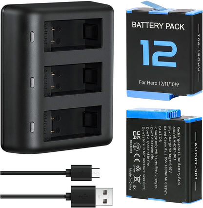 Pack de 2 Baterías 1800 mAh para GoPro Hero 12/11/10/9 + Cargador Rápido USB-C de 3 Ranuras con Estuche Protector