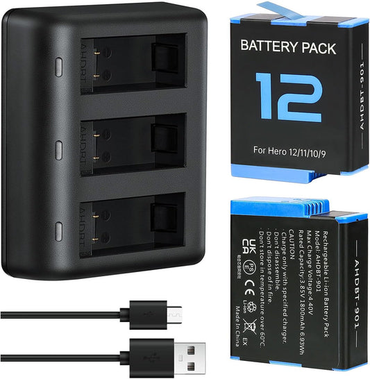Pack de 2 Baterías 1800 mAh para GoPro Hero 12/11/10/9 + Cargador Rápido USB-C de 3 Ranuras con Estuche Protector