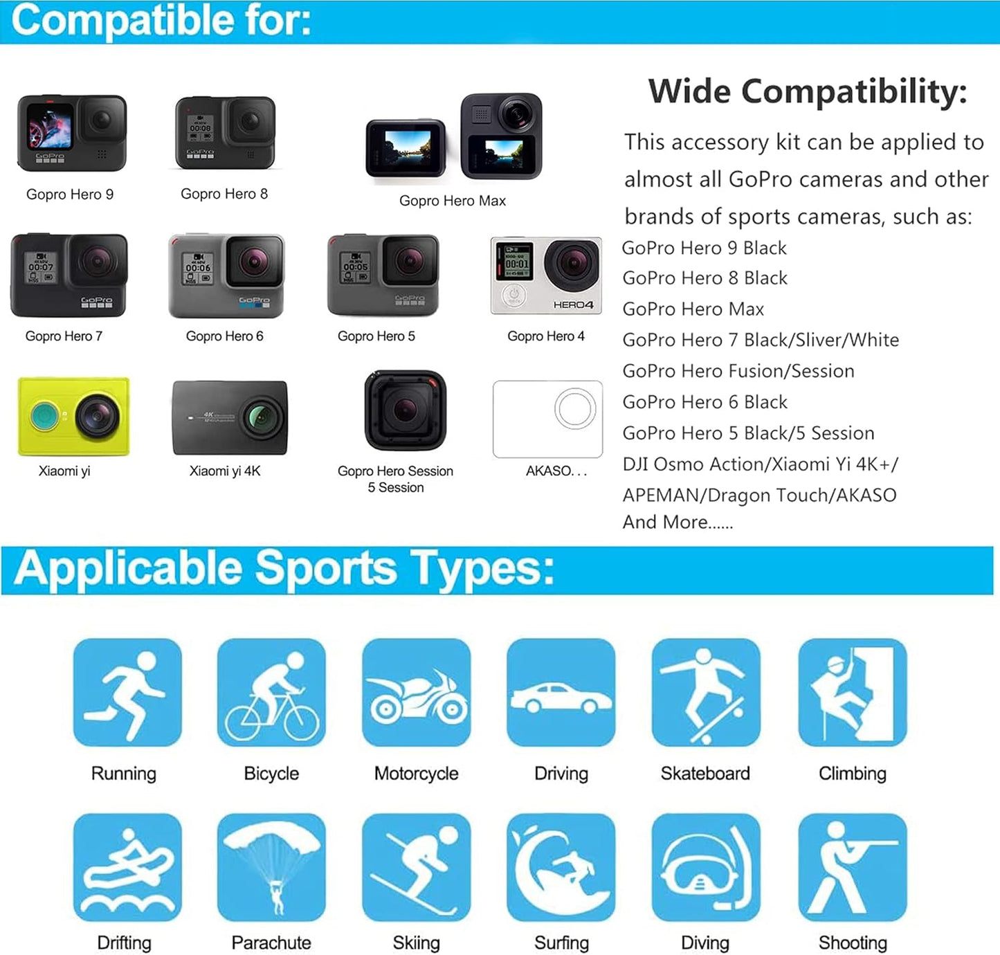 Kit de Accesorios 60-en-1 para Cámara de Acción — Compatible con GoPro Hero 13/12/11/10/9/8/7/6/5/Session 5/Hero 4/3+/3/2/1, GoPro Max/Fusion, Insta360, DJI Osmo Action, AKASO, APEMAN, Campark, SJCAM