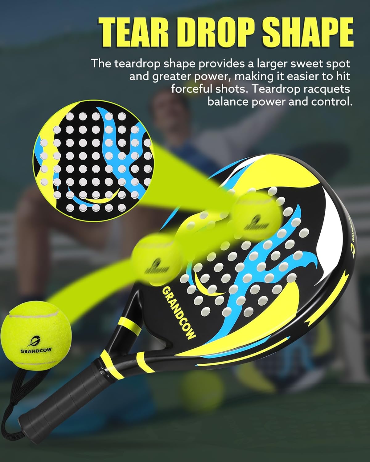 Padel Racket Palas De Padel Raqueta Lightweight for Women Female Players Teardrop Shape, Soft EVA Core, Fiberglass Surface, Beginner to Intermediate Arm Friendly All round Racquet 38Mm