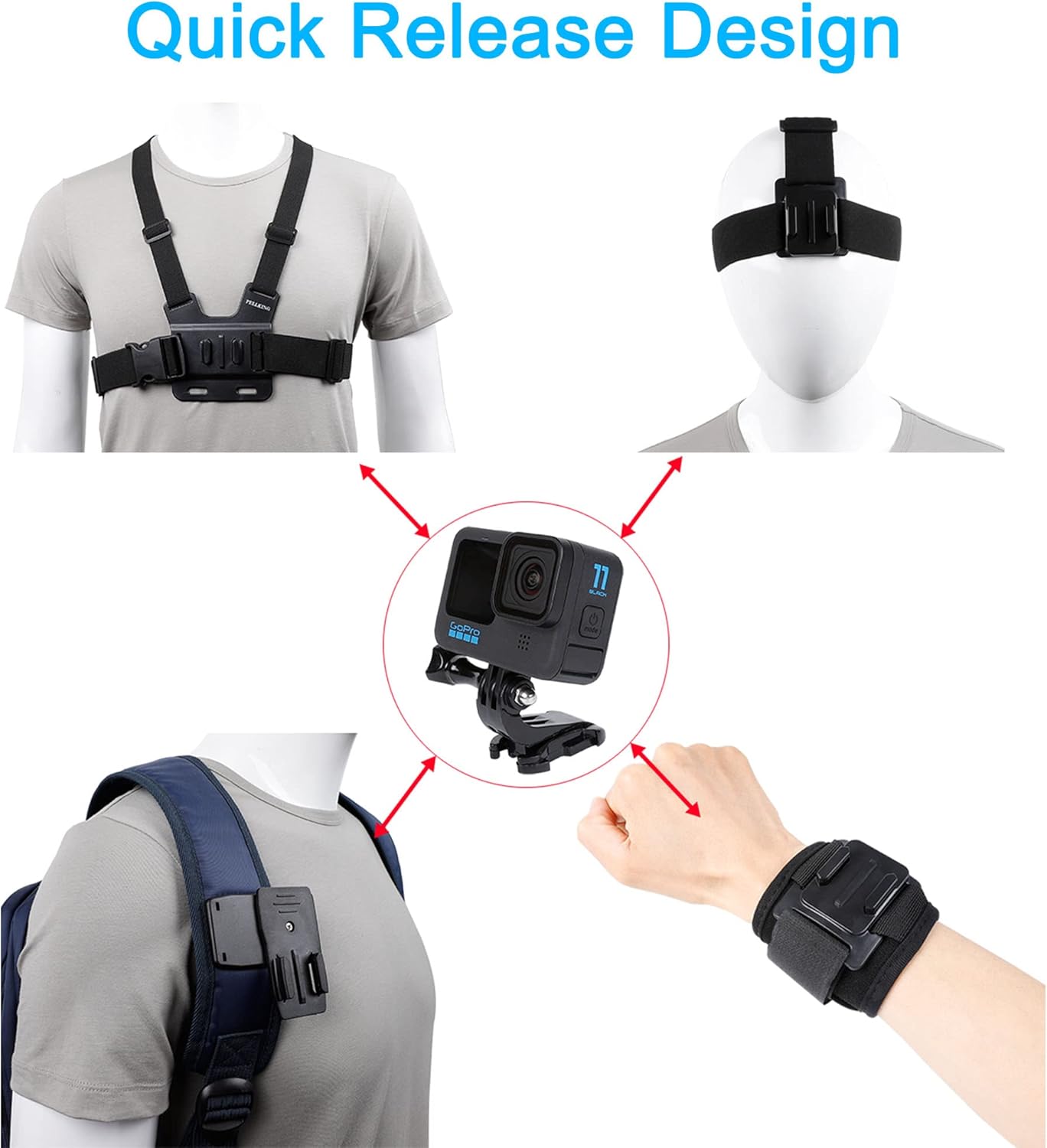 Kit de Accesorios con Quick Release para GoPro Hero 13/12/11/10/9/8/7/6/5/4 — Arnés de Pecho + Cinta de Cabeza + Clip de Mochila + Correa de Muñeca 360°