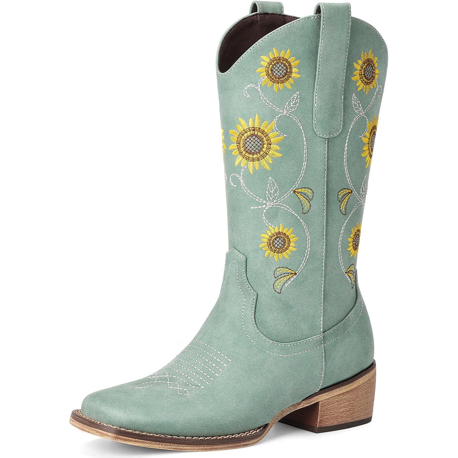 Botas vaqueras de girasol | Media pantorrilla | Bordado floral | Punta cuadrada cosida | Color: Verde