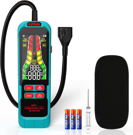 Detector de Fugas de Gas Kiprim GD01, Alta Sensibilidad con Sonda Flexible de 9,4", Alarma Visual y Sonora, Portátil para Propano, Metano y Gas Natural – Uso en Hogar y RV