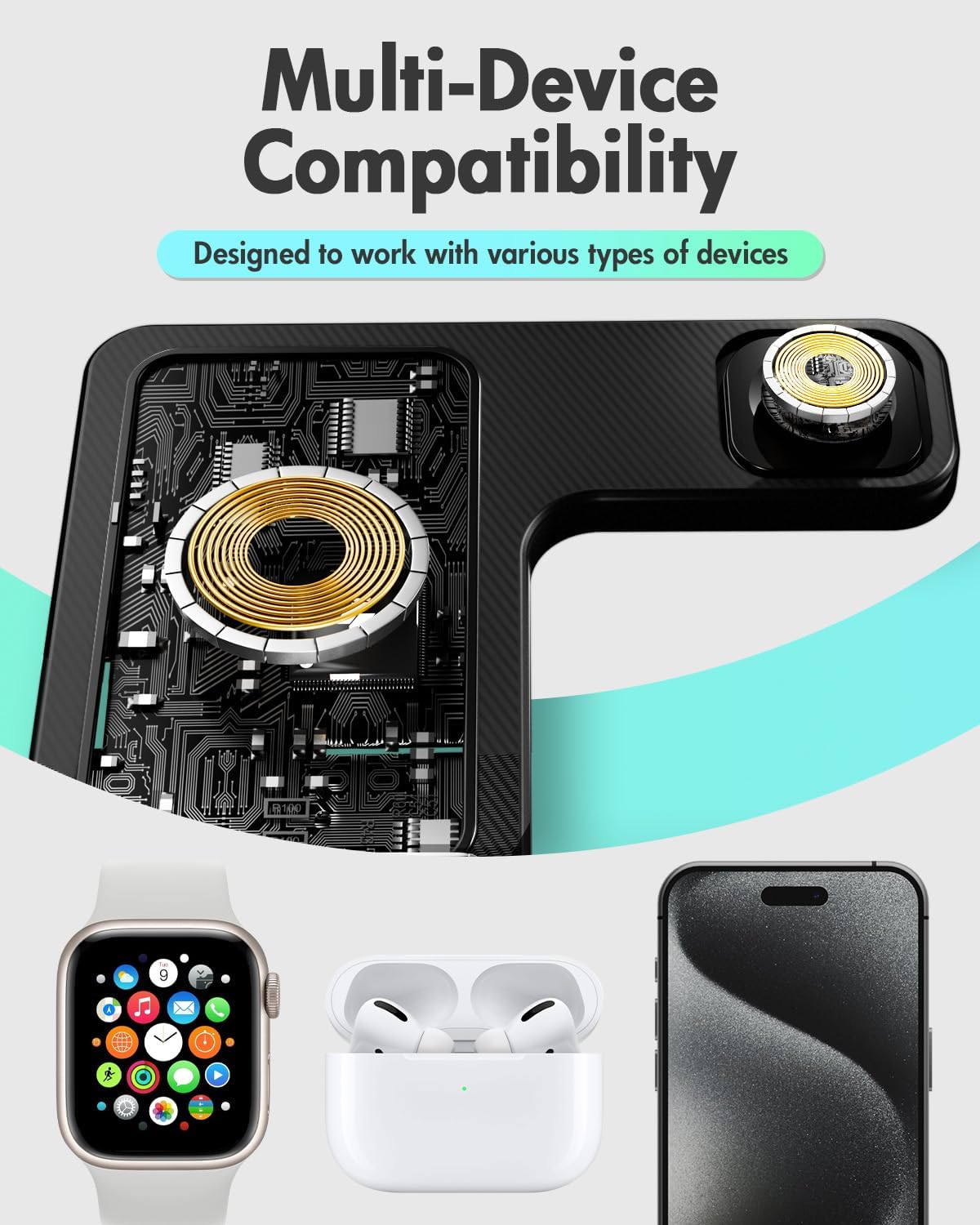 Estación de carga inalámbrica para iPhone | Soporte de cargador 3 en 1 | Múltiples dispositivos para Apple 