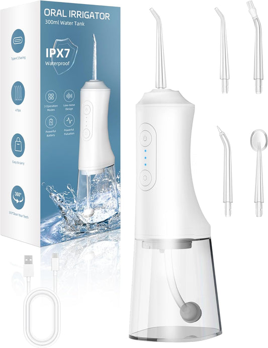 Irrigador Dental Portátil 300ML | Water Flosser Recargable IPX7 | Limpieza Profunda, 3 Modos, 45 Días de Batería | Uso en Casa y Viaje