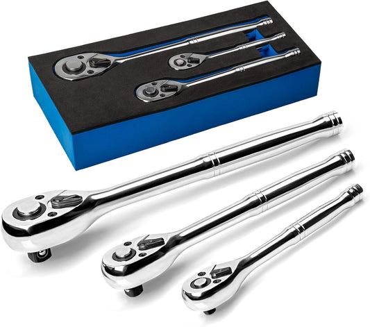 Set de Llaves de Trinquete PHIRAH 3 Piezas 1/2" – 3/8" – 1/4" | 72 Dientes, Quick Release, Reversible, Mango Ergonómico – Ideal Hogar, Taller y Reparación Automotriz