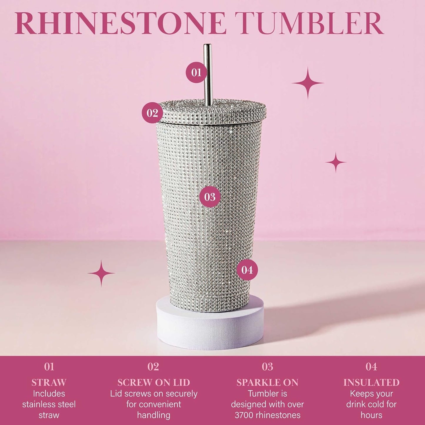 Original Paris Hilton Diamond Bling | Vaso de agua con tapa y popote | Acero inoxidable aislado al vacío | 3700 diamantes de imitación | 500 ml | Color: plateado