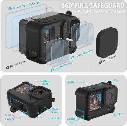 Kit de Funda de Silicona para GoPro Hero 12/11/10/9 Black + Protectores de Pantalla y Lente + Puerta Lateral con Acceso de Carga (Color: Negro)