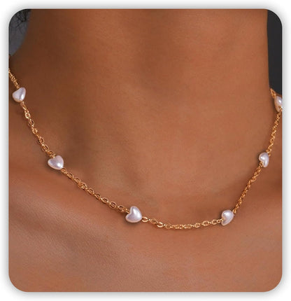 Collar de Perlas para Mujer – Choker de Perlas Barrocas con Colgante de Corazón en Oro 14K, Collar en Forma de Y Elegante para Bodas, Aniversarios y Cumpleaños