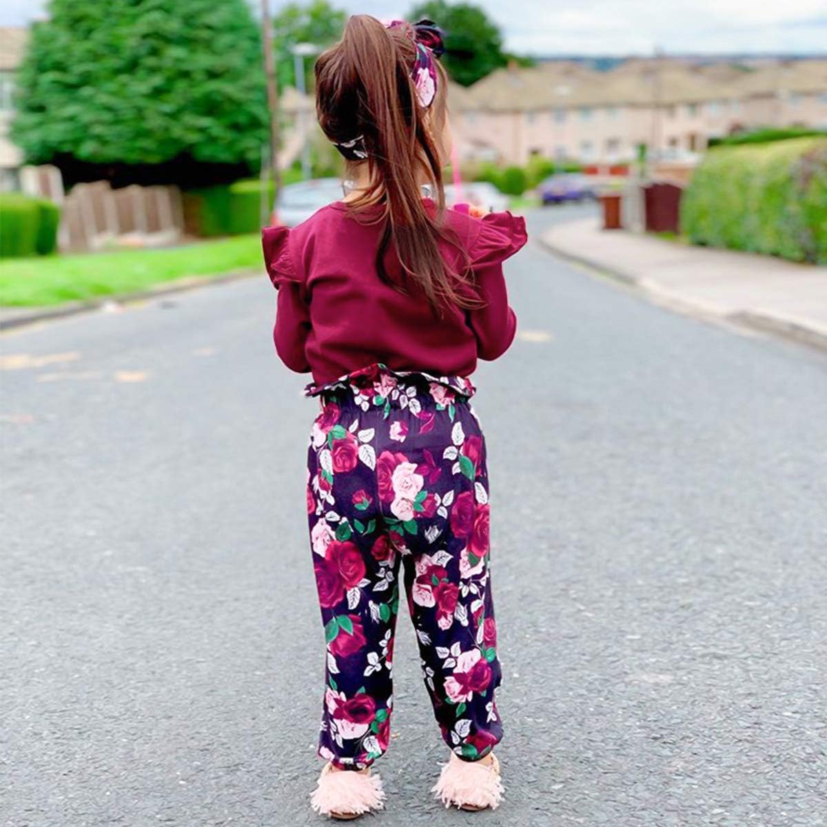 3 piezas de ropa para niña color liso | Manga larga + Pantalones florales + diadema | 1-6 años | conjunto de otoño/invierno