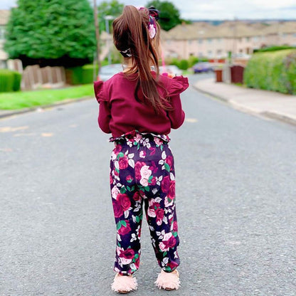 3 piezas de ropa para niña color liso | Manga larga + Pantalones florales + diadema | 1-6 años | conjunto de otoño/invierno