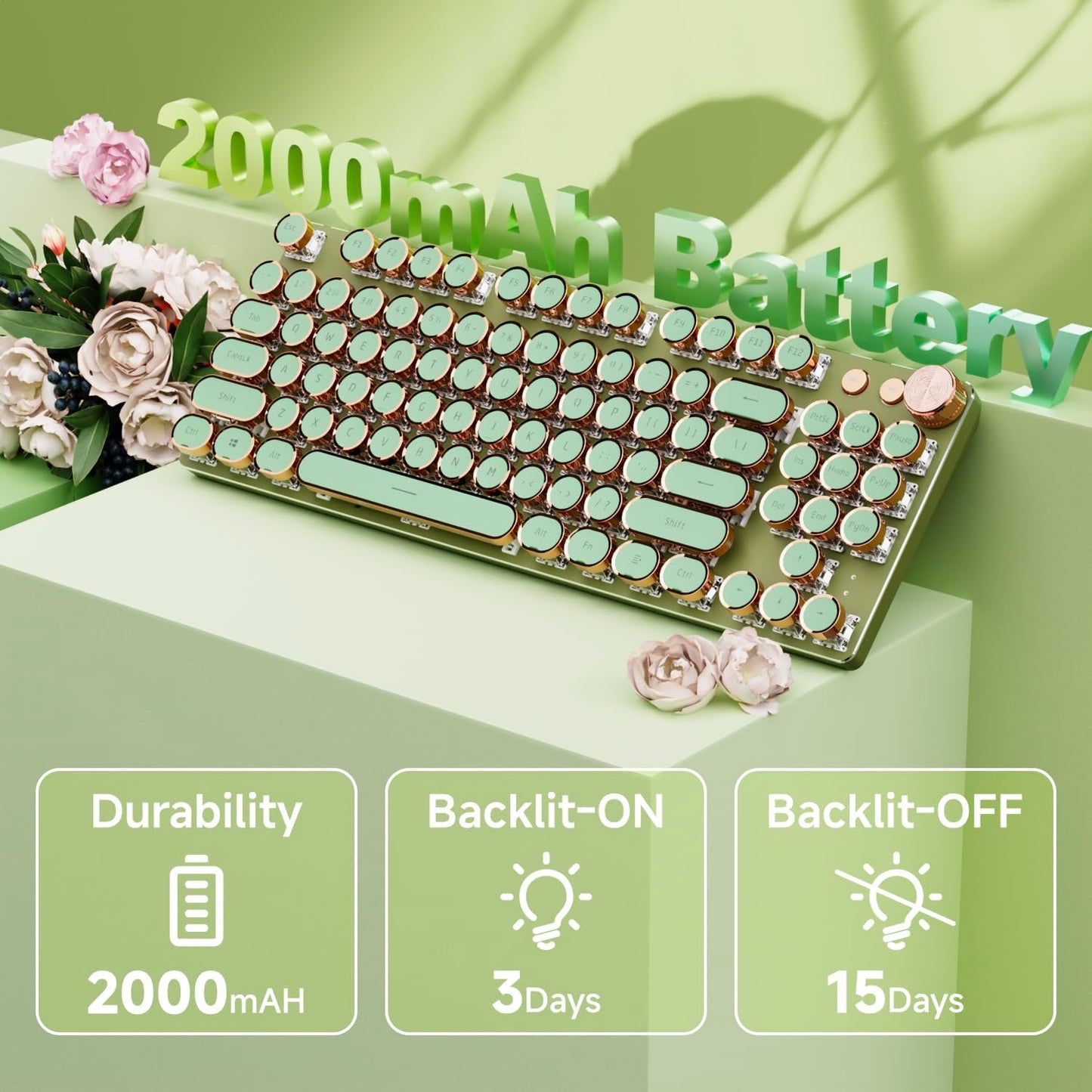Teclado inalámbrico | 104 teclas estilo máquina de escribir mecánico con retroiluminación blanca | Perilla multimedia | Bluetooth/USB-C | Color: Verde