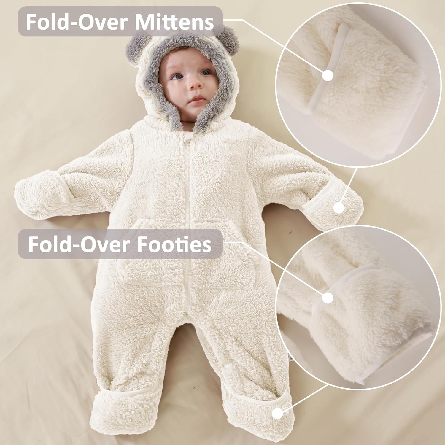 Traje Blanco de Oso para Bebé Recién Nacido con Mitones Plegables y Patucos para Niñas y Niños Ropa de Invierno de Vellón con Capucha Mameluco Traje de Nieve