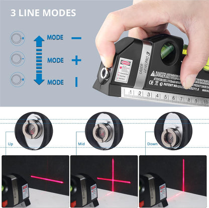 Nivel Láser Multiusos – Qooltek con Cinta Métrica 2,5M, Reglas en Pulgadas y Milímetros, 3 Modos de Láser (Vertical, Horizontal, Cruzado), Incluye Baterías