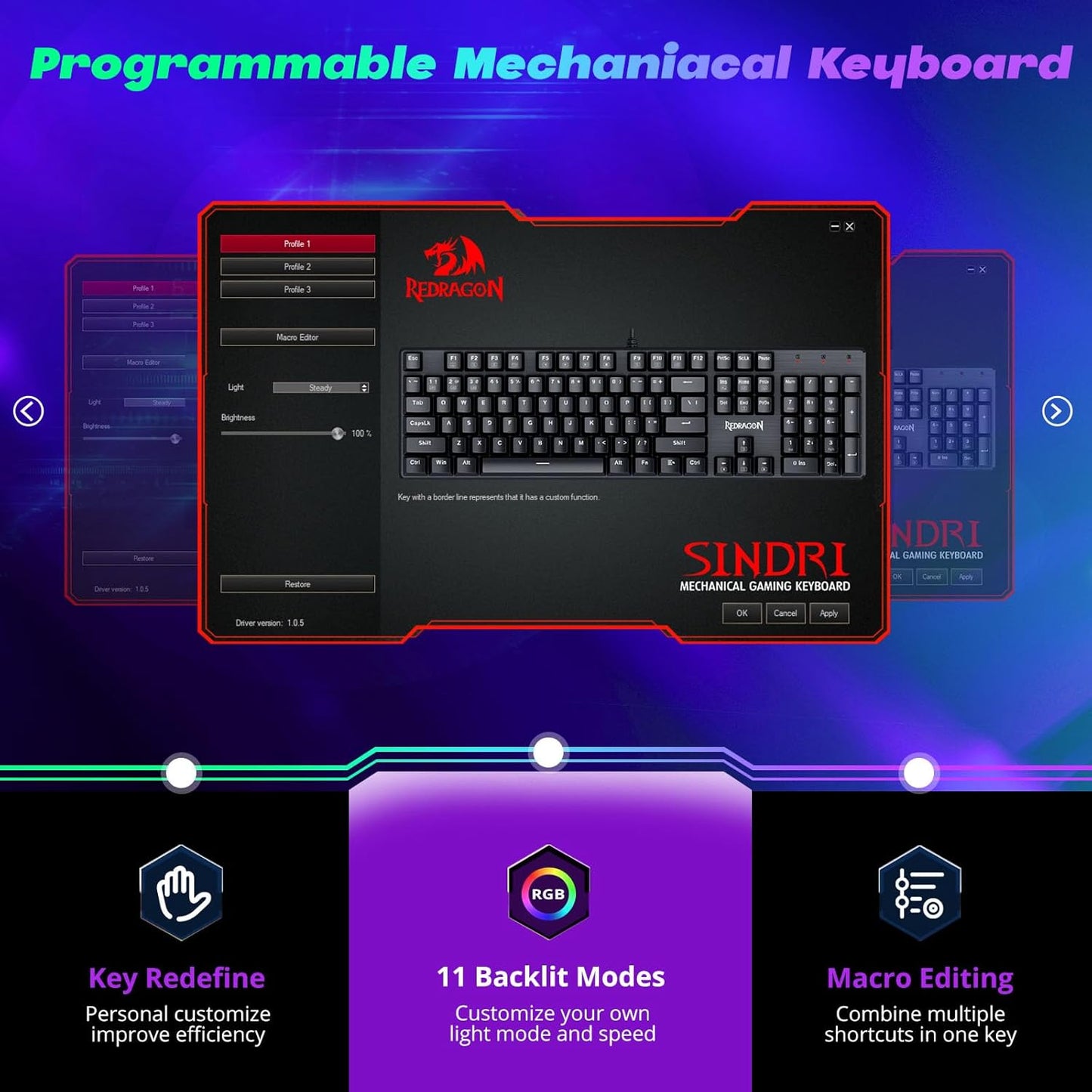 Redragon K671 Teclado Mecánico Gamer con Cable – Retroiluminado, Switches Rojos Hot-Swappable, Anti-Ghosting, Macros, PBT Keycaps