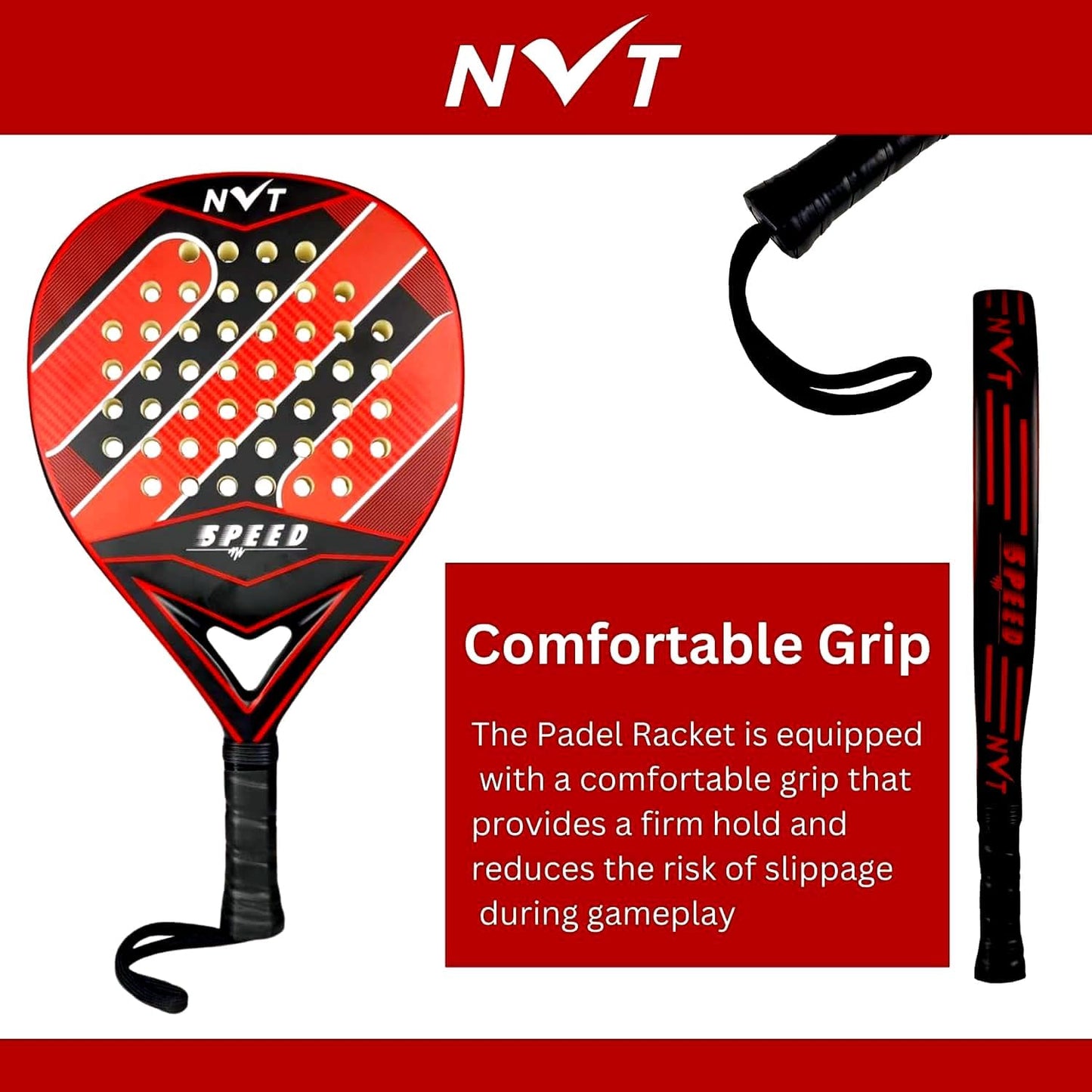 Paleta de pádel | Fibra de carbono | diseño ligero con agarre cómodo | Cabeza híbrida de fibra de vidrio y fibra de carbono