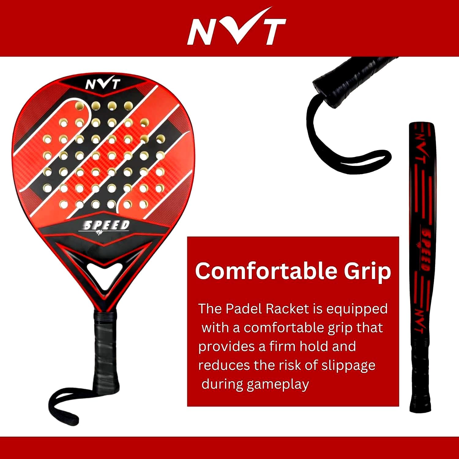 Paleta de pádel | Fibra de carbono | diseño ligero con agarre cómodo | Cabeza híbrida de fibra de vidrio y fibra de carbono