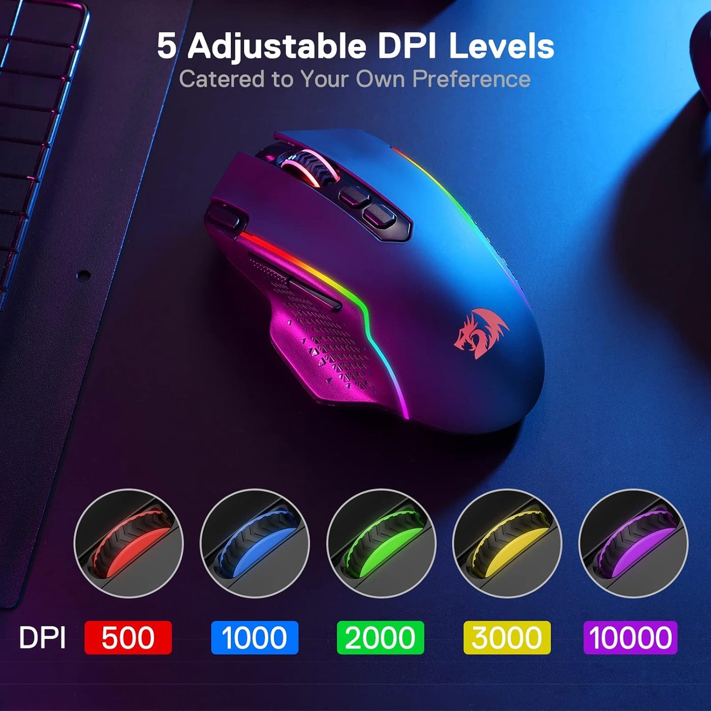 Redragon M810 Pro – Mouse Gaming Inalámbrico y Con Cable, 10,000 DPI, 8 Botones Macro, Rapid Fire, RGB