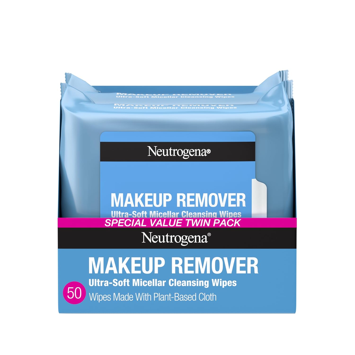 Neutrogena - Toallitas faciales desmaquillantes, ultrasuaves para maquillaje resistente al agua, sin alcohol, a base de plantas, paquete doble, 25 unidades, paquete de 2