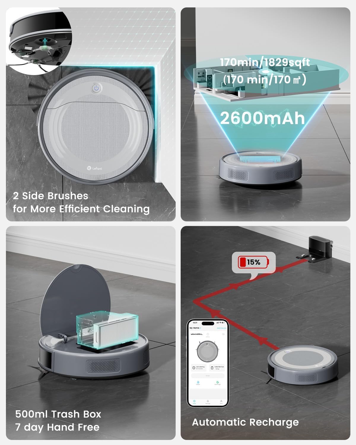 Lefant M310 Ultra Robot Aspiradora y Mopa | 6000Pa Succión, ToF LiDAR, 170 Min Autonomía, Control App/Alexa, Detección de Alfombras y Evitación Precisa de Obstáculos – Slim 3” Diseño Ideal Mascotas y Hogar