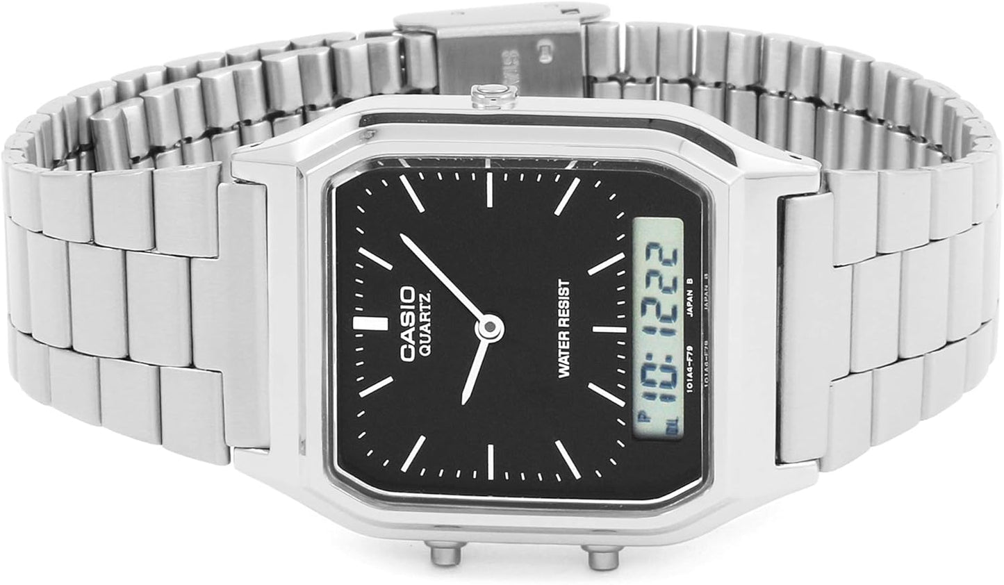 Casio AQ-230A – Reloj Unisex Clásico | Caja de Acero Inoxidable | Diseño Retro Doble Display