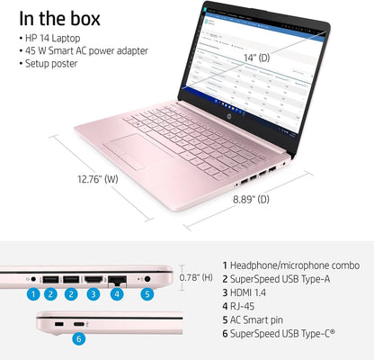 Laptop Rosa HD de 14 pulgadas | 16 GB de RAM | 64 GB eMMC | Intel Quad-Core N4120 | Cámara web | Windows 11 Home