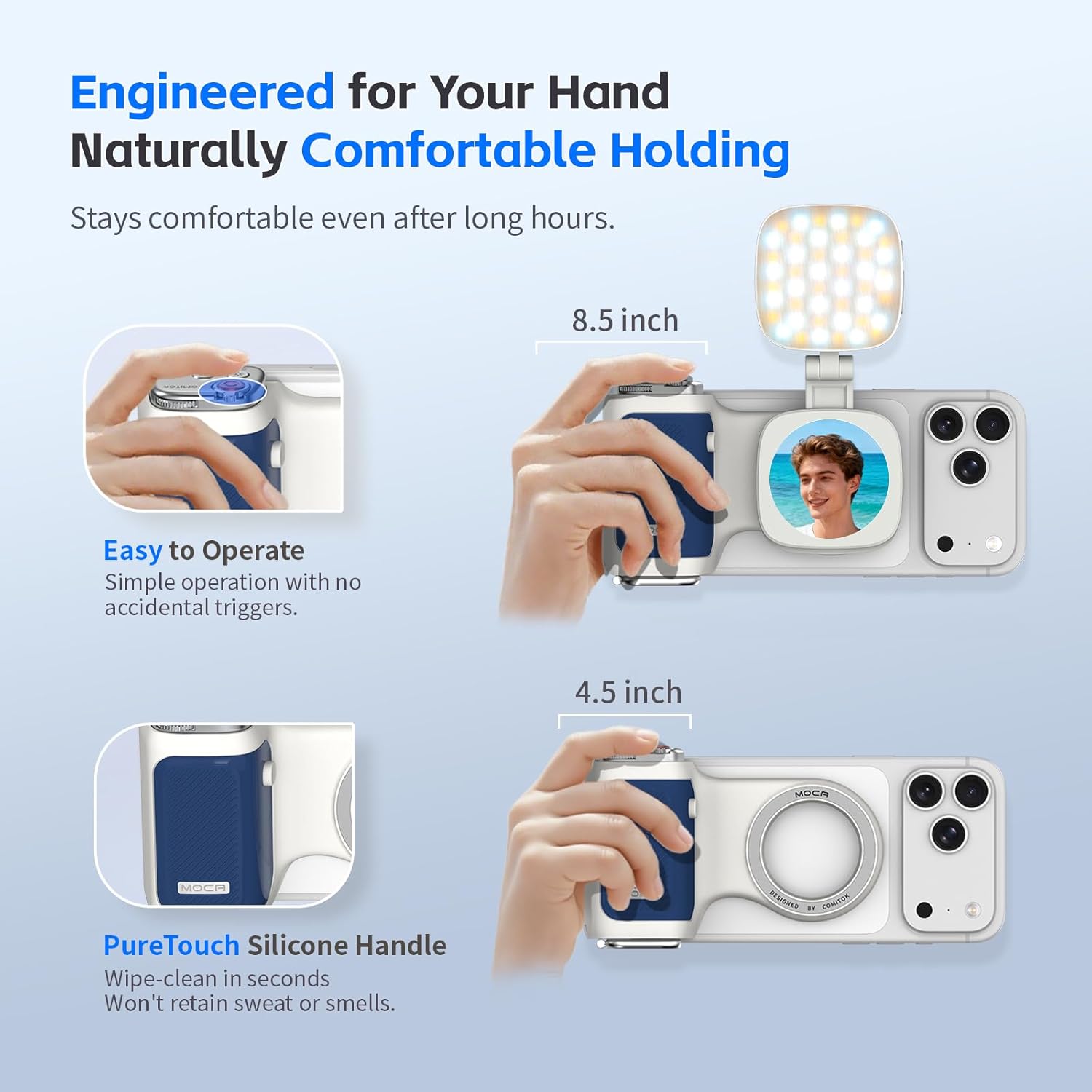 Accesorio para filmar | UGC | Compatible con iOS17 e iOS18 | Agarre magnético con control remoto | Color Azul