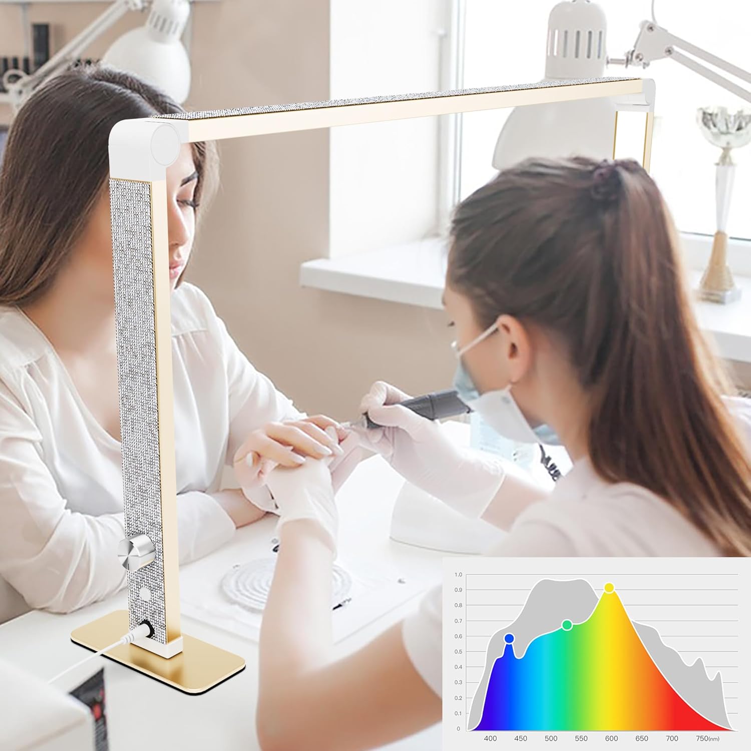 Nail Tech Lamp, 32" 48W LED Light, Lash Eyelash Extension & Makeup Desk Lamp, Color Temp 2700K-6000K, Salon & Home (Crystal-Golden)