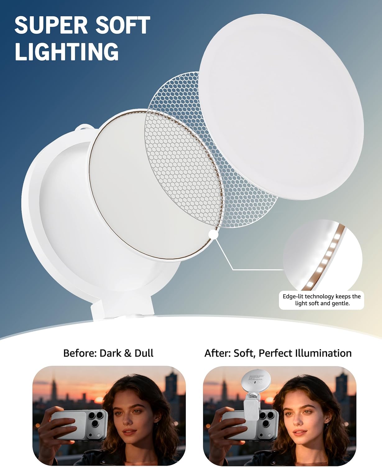 Luz de teléfono suave de 3 colores con clip | Luz de anillo portátil Recargable para iPhone computadora, celulares