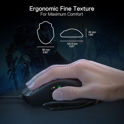 Redragon M908 Impact – Mouse Gamer MMO con Retroiluminación RGB, 12 Botones Laterales, 18 Macros Programables y Sensor Óptico de Alta Precisión, 12.400 DPI, Cableado, Negro