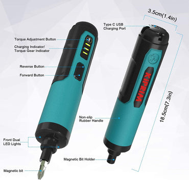 Destornillador Eléctrico Kiprim 4V Recargable, Torque Ajustable, 33 Puntas Magnéticas + 2 Brocas, Doble Linterna LED, Maletín y Cable Tipo-C