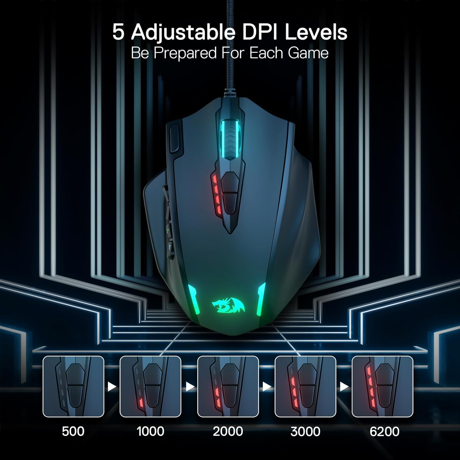 Redragon M908 Impact – Mouse Gamer MMO con Retroiluminación RGB, 12 Botones Laterales, 18 Macros Programables y Sensor Óptico de Alta Precisión, 12.400 DPI, Cableado, Negro