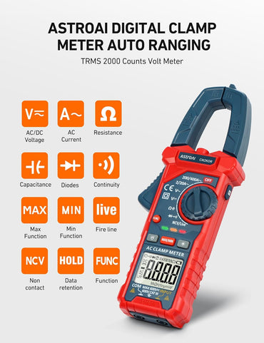 Multímetro Digital de Gancho – TRMS 2000 Cuentas Auto-Rango, Voltaje AC/DC, Corriente AC, Resistencia, Capacitancia, Continuidad, Diodo y NCV Detector de Cables Vivos – Pantalla Retroiluminada & Linterna (CM2K0R, Azul)