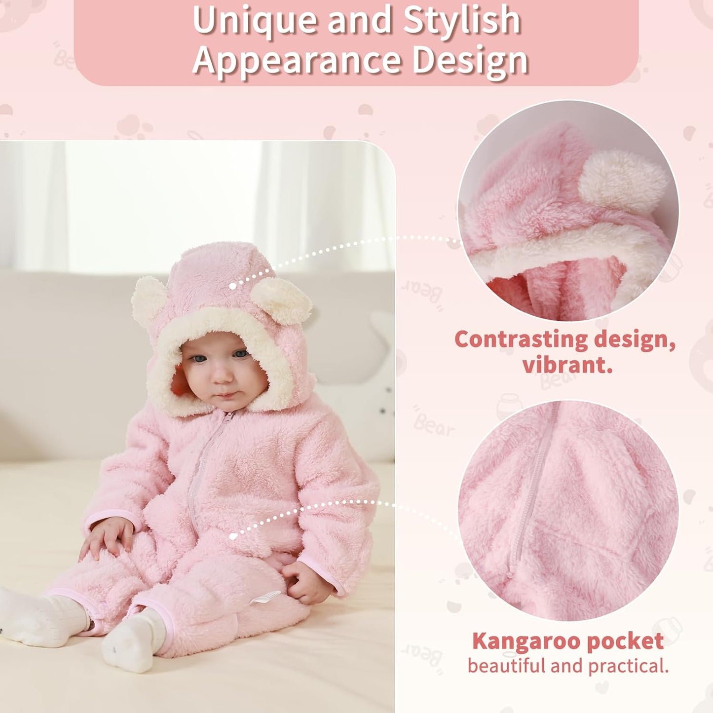 Traje Rosado de Oso para Bebé Recién Nacido con Mitones Plegables y Patucos para Niñas y Niños Ropa de Invierno de Vellón con Capucha Mameluco Traje de Nieve