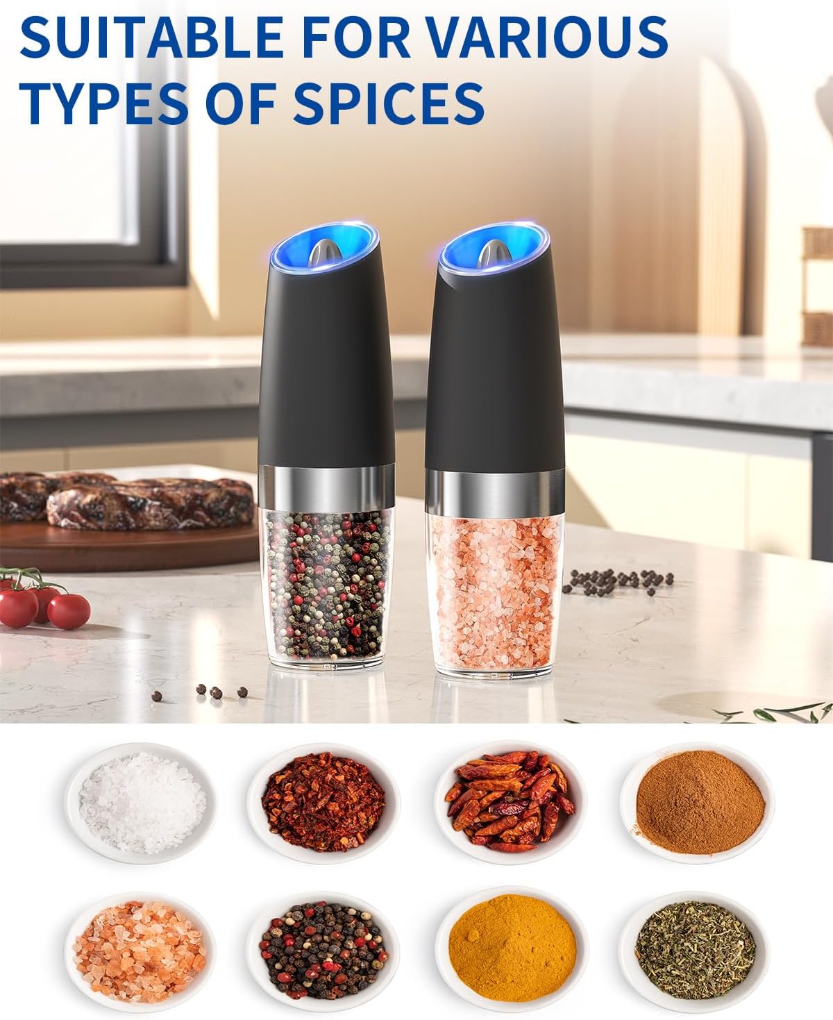 Set de Molinillos Eléctricos de Sal y Pimienta Automáticos con Luz LED, Ajuste de Grosor y Gran Capacidad – Operación por Gravedad, Cocina y BBQ