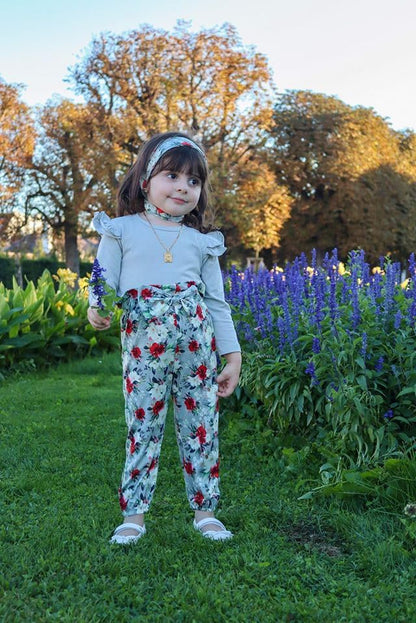 3 piezas de ropa para niña, color liso, manga larga, con volantes, pantalones florales y diadema, 1-6 años, conjunto de otoño/invierno