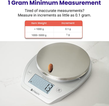 Báscula de Cocina Digital Etekcity 0.1g con Bowl – Acero Inoxidable, 11lb/5kg – Gramos y Onzas para Repostería, Cocina, Dieta y Preparación de Comidas