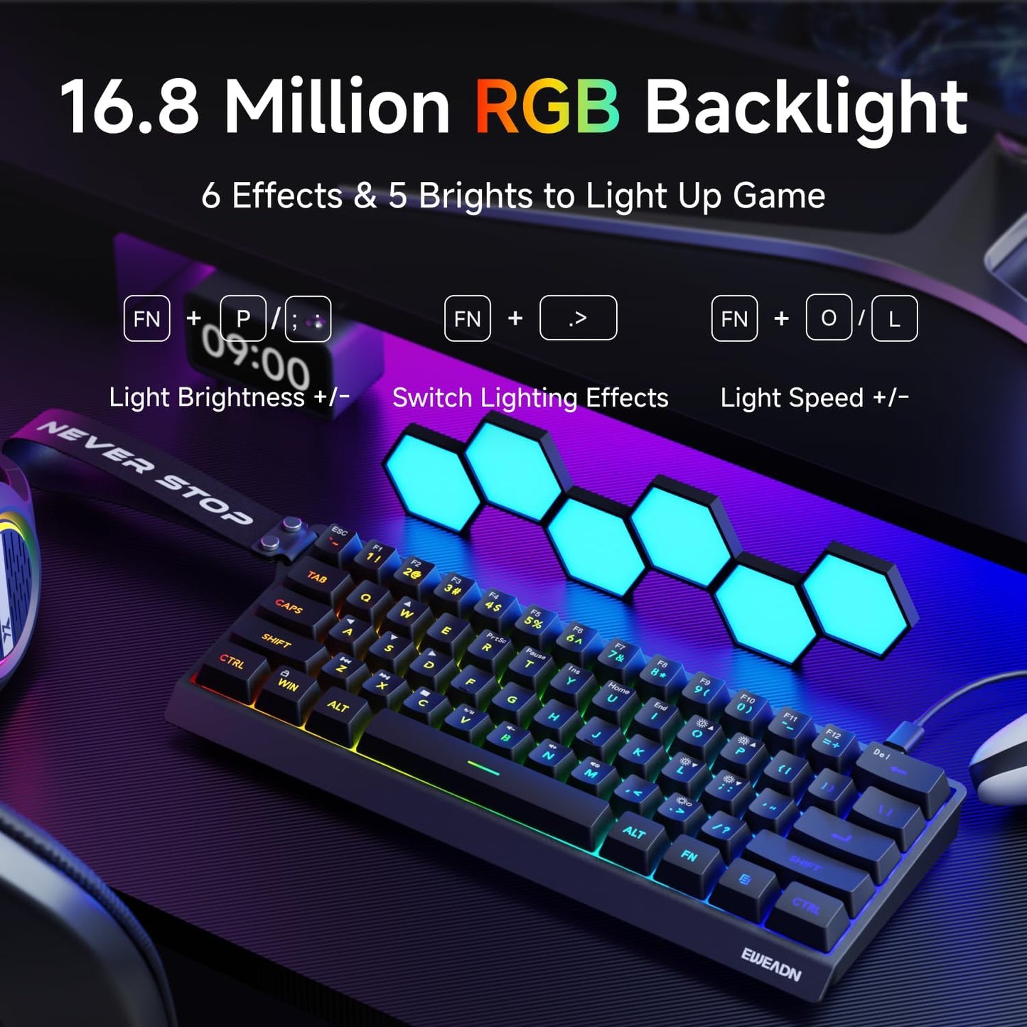 Teclado con cable al 60% | Retroiluminado RGB | Con teclas PBT | Diseño compacto | Con cable con cordón para Mac/Win | Color: Negro