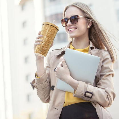 Vaso térmico con diamantes de imitación con tapa | 500 ml | Aislado de acero inoxidable con diamantes de imitación de primera calidad | Color: Dorado