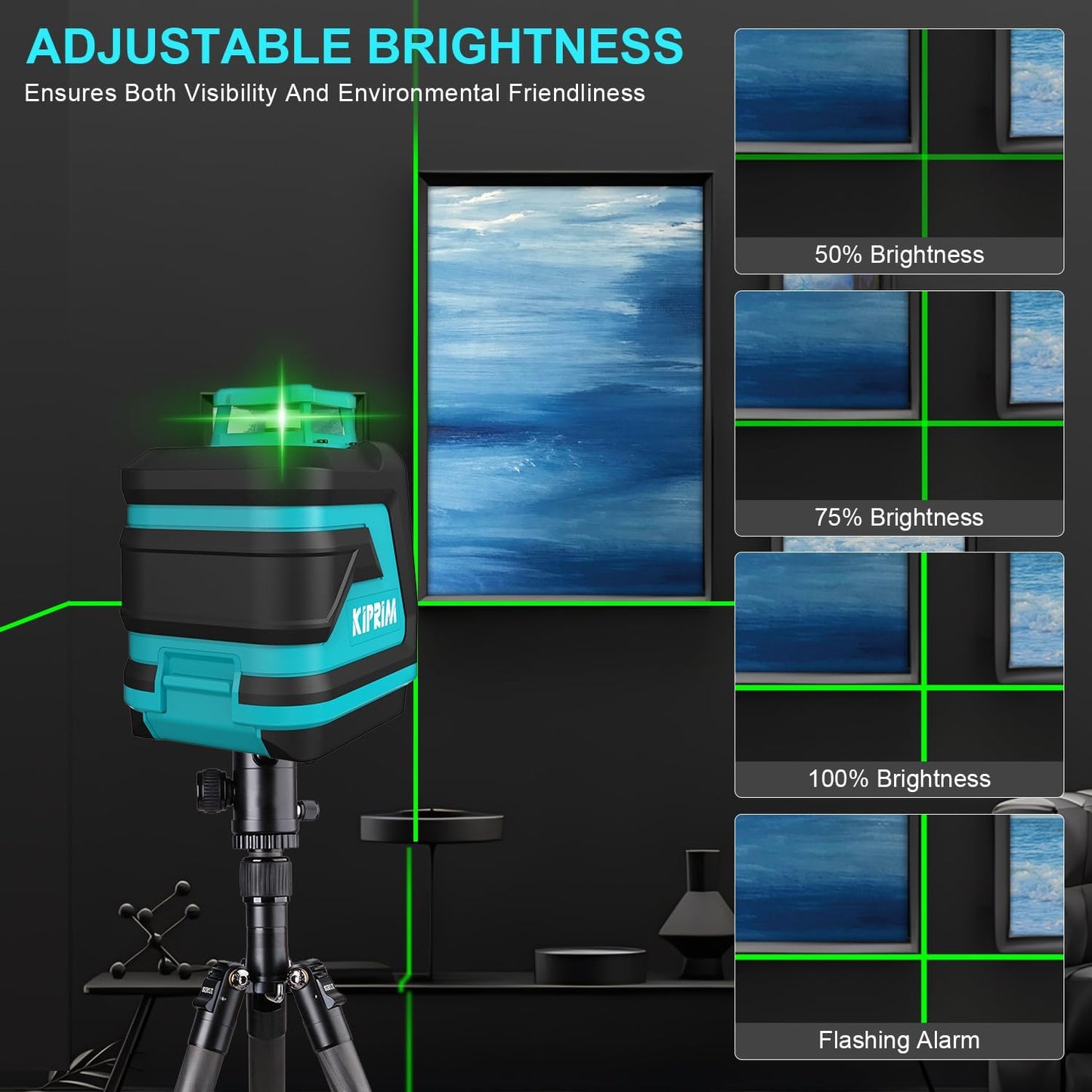 Nivel Láser Verde Kiprim LV8D, 5 Líneas Láser 360°, Autonivelante ±3°, Brillo Ajustable, Modos Manual/Self-Leveling/Pulso, Compatible con Trípode, Alcance 40m/50m