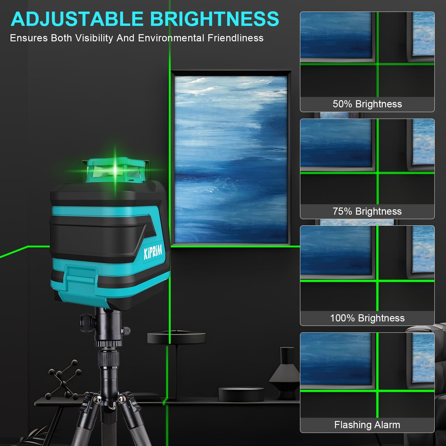 Nivel Láser Verde Kiprim LV8D, 5 Líneas Láser 360°, Autonivelante ±3°, Brillo Ajustable, Modos Manual/Self-Leveling/Pulso, Compatible con Trípode, Alcance 40m/50m