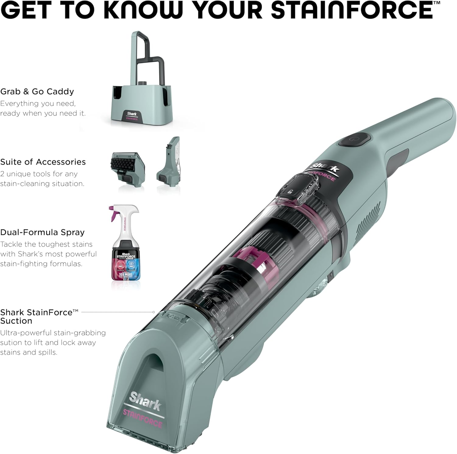 Shark StainForce HX101 Limpiador Portátil Inalámbrico de Manchas y Olores | Succión Potente, Fórmula 30x Más Eficaz, Alfombras, Tapizados, Escaleras, Incluye Caddy y Solución de Limpieza
