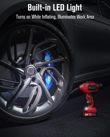 Inflador de Neumáticos Portátil 20V Inalámbrico, Compresor de Aire para Auto con Batería Recargable, Medidor Digital de Presión, Adaptador 12V, Luz LED y Estuche