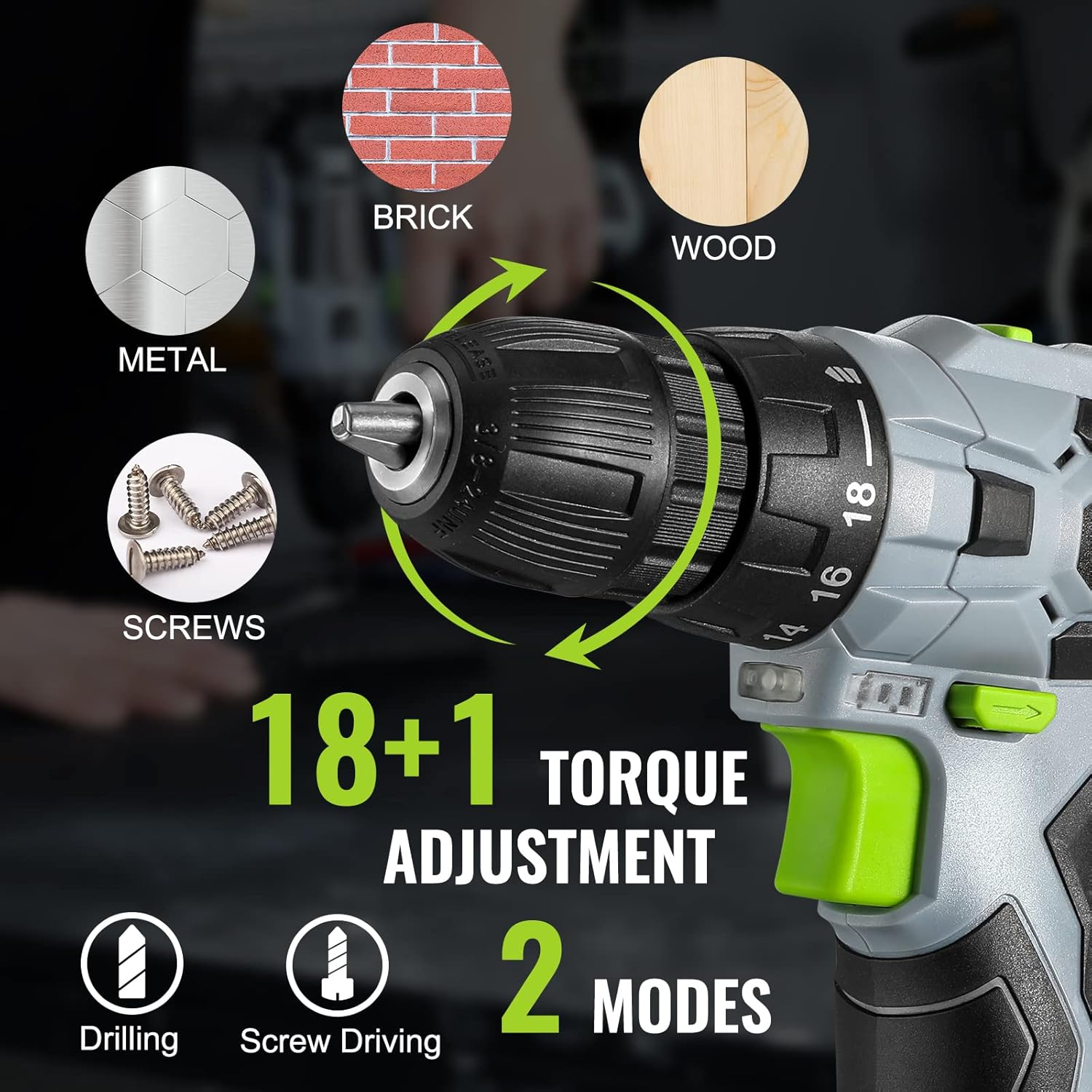 Taladro Atornillador Inalámbrico WORKPRO 12V, 2 Velocidades, 18+1 Embrague, Mandril 3/8" Sin Llave, Kit con Batería, Cargador, Brocas y Bolsa de Transporte