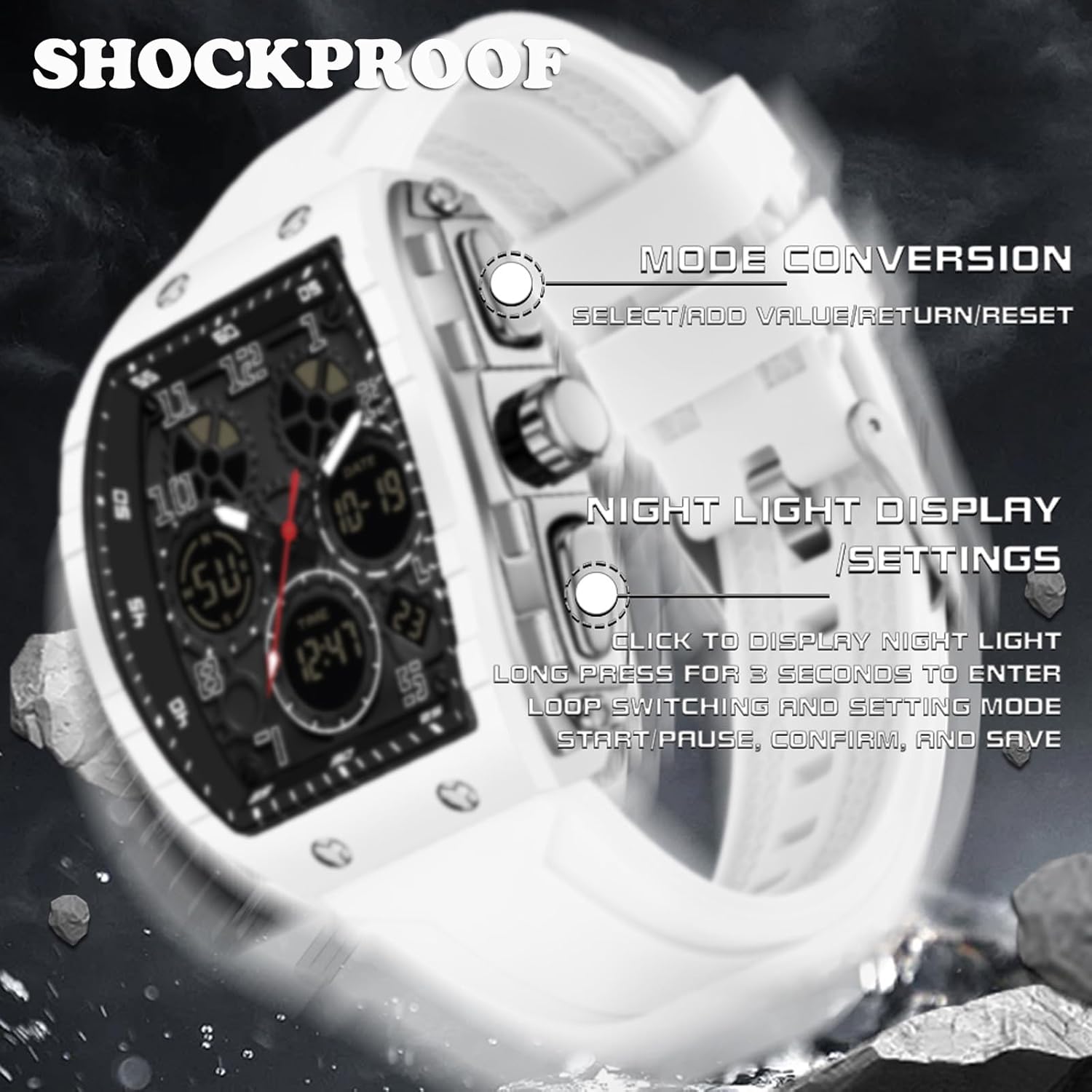 Reloj para Hombre Rectangular (Blanco) — Analógico + Digital, Doble Hora, Cronómetro, Cuenta Regresiva, 5 ATM, Estilo Punk, Correa de Silicona