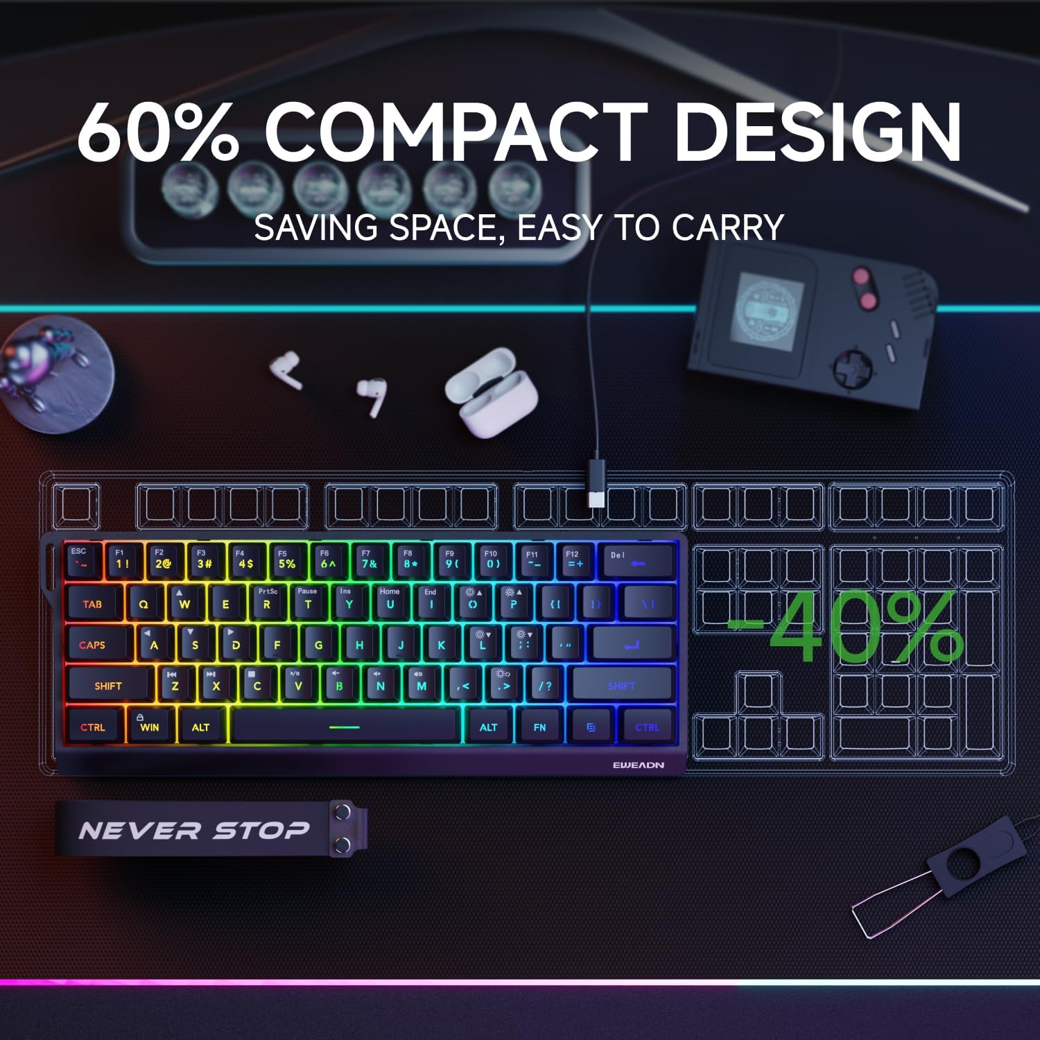 Teclado con cable al 60% | Retroiluminado RGB | Con teclas PBT | Diseño compacto | Con cable con cordón para Mac/Win | Color: Negro