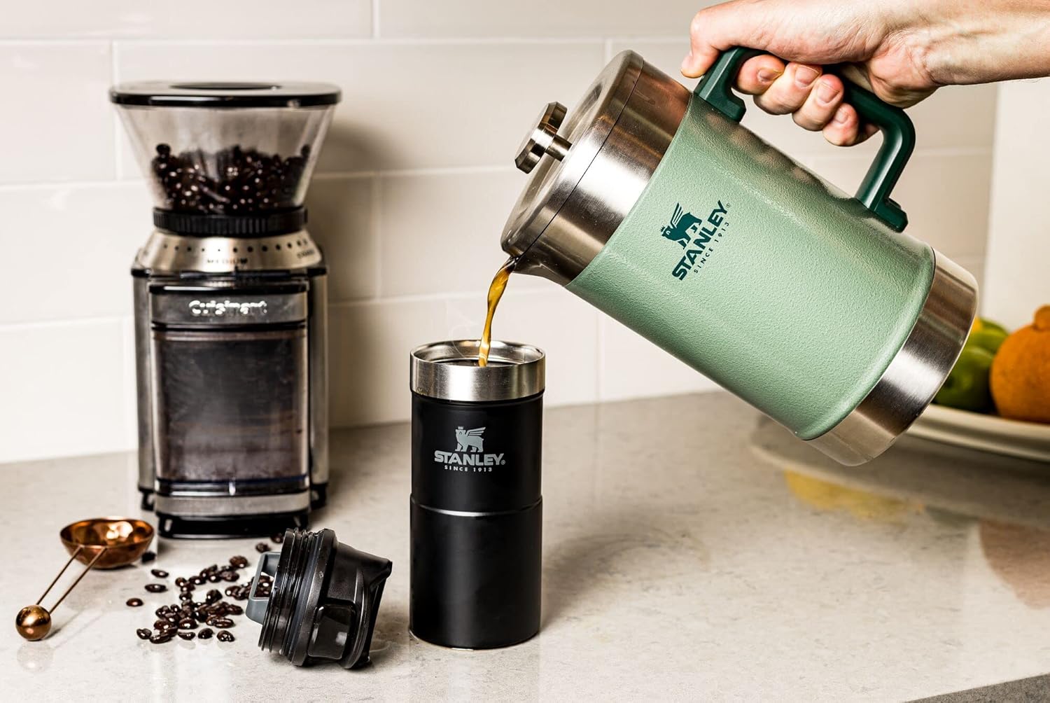 Classic Stay-Hot French Press Coffee Maker 48 Oz | 5 Minute Brew, 4 Hours Hot | Mesh Filter for Coffee Grounds | Insulated Stainless Steel French Press | Bpa-Free | Hammertone Green