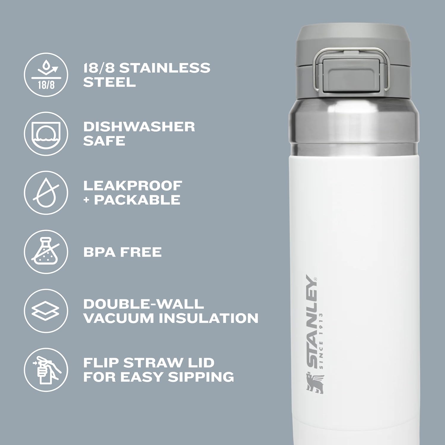 Quick Flip GO Water Bottle 24 Oz | Push Button Lid | Leakproof and Packable for Travel and Sports | Insulated Stainless Steel | Bpa-Free | Charcoal