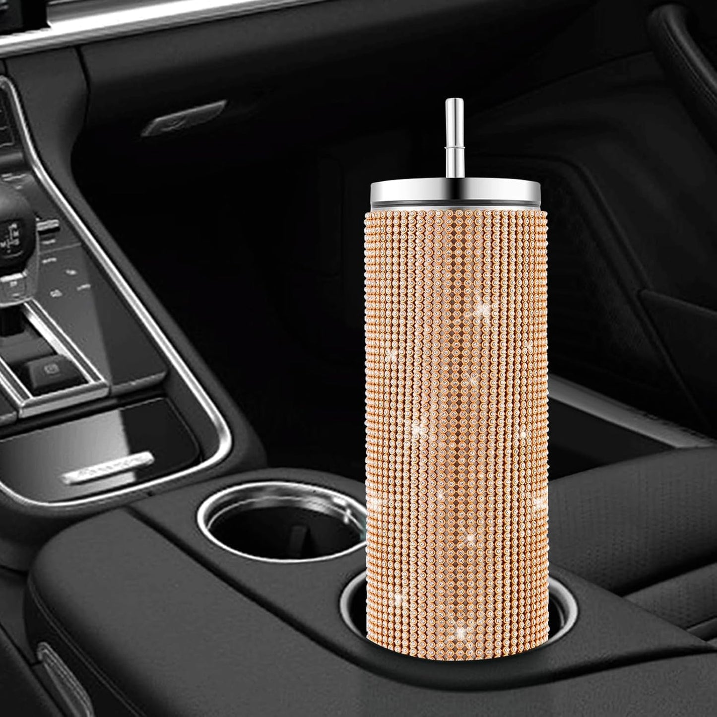 Vaso con sorbete | Diamantes dorados | Acero inoxidable de 591 ml